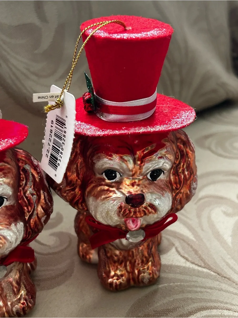 NWT Katherines Collection Christmas Ornaments Glass Puppy Dog Red Felt Hat Holly